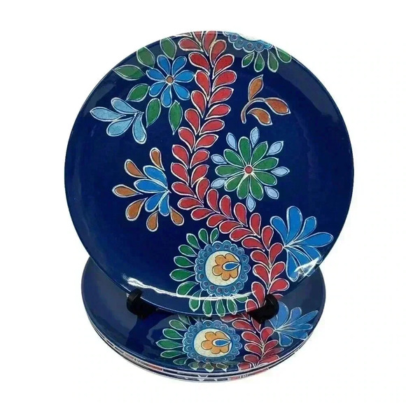 BUNGALOW Set of 4 Melamine 11" Dinner Plates Burgundy Floral Summer Table Decor - Picture 3 of 4